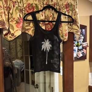 Forever 21 Black Mesh Tank Top with White Palm Tree